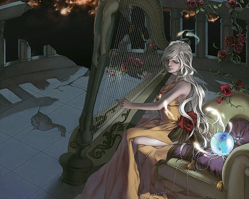 woman playing harp in ruins