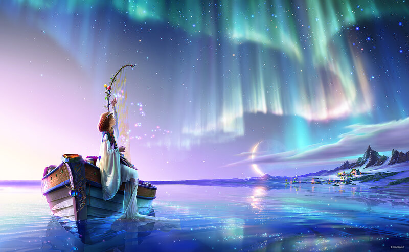 Woman Playing Harp on Boat