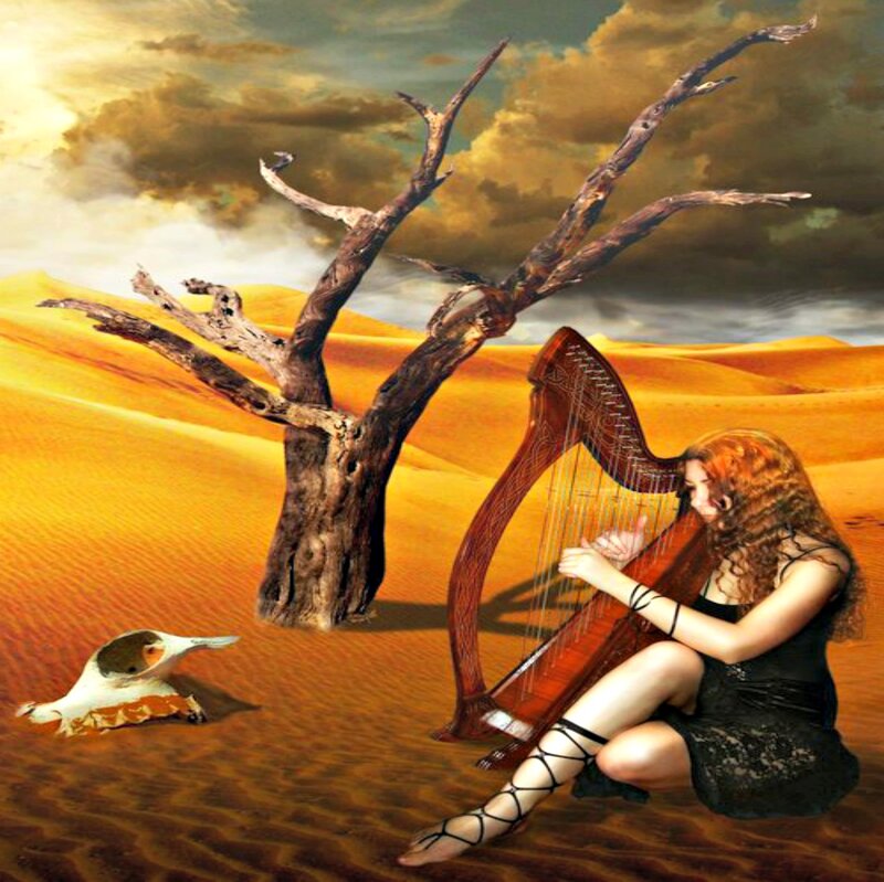 Woman Playing Harp — Orange, Dramatic
