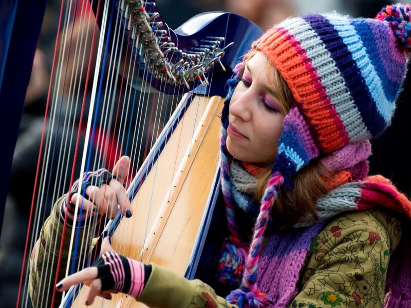 Woman Playing Harp — Purple, Focused