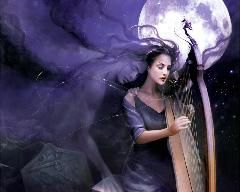Woman Playing Harp — Purple, Mystical