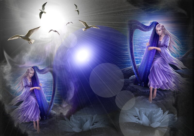 Woman Playing Harp — Purple, Serene, Night
