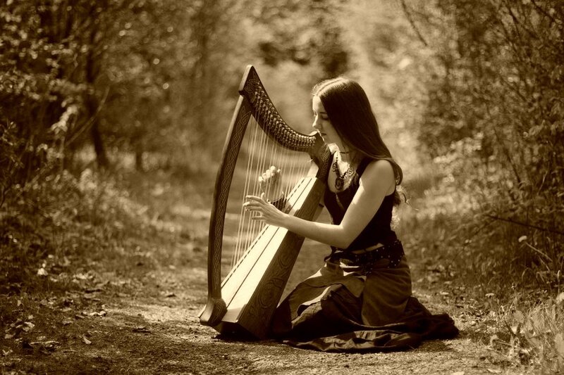 Woman Playing Harp — Sepia