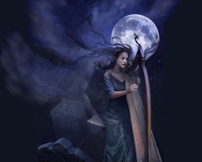 Woman playing harp under moon