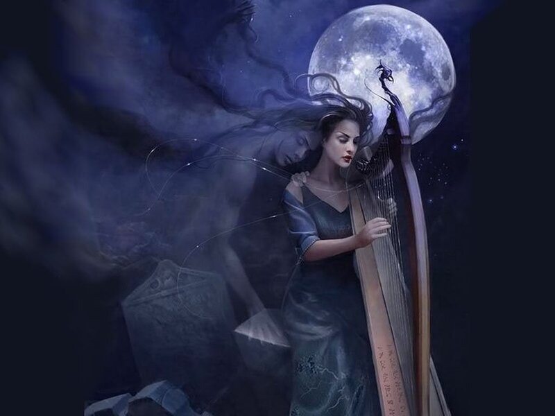 Woman playing harp under moonlight