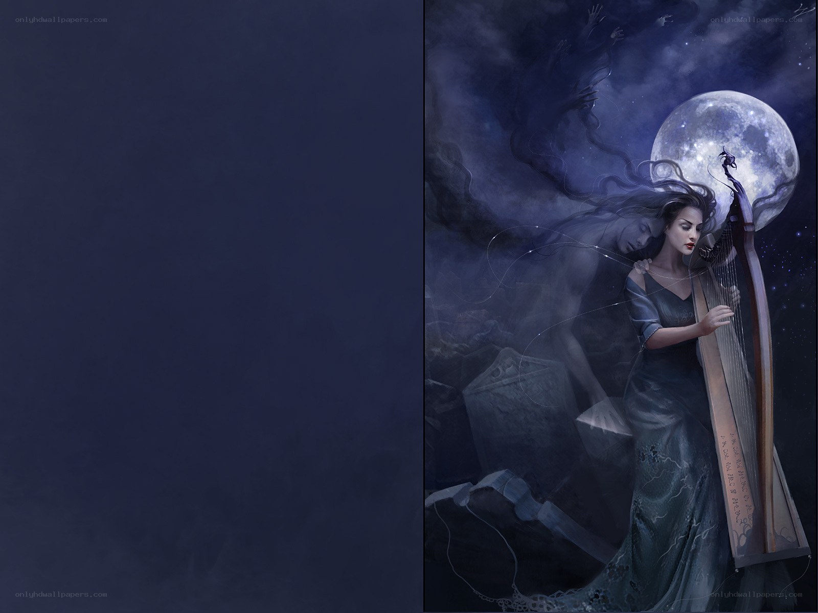 Woman playing harp under moonlight