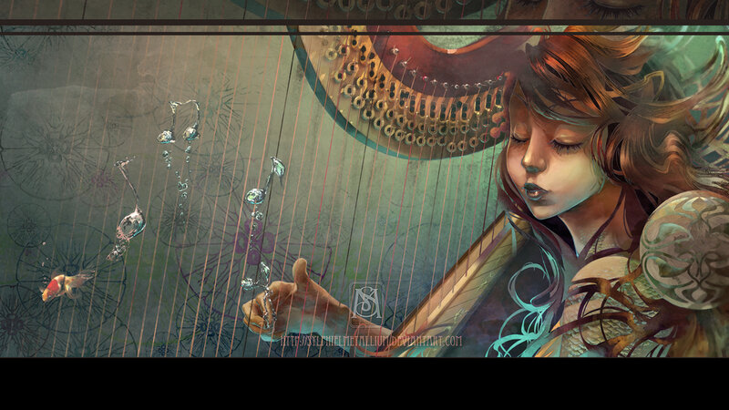 woman playing harp underwater