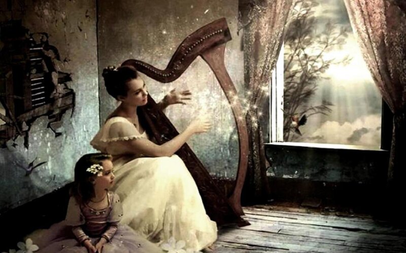 Woman Playing Harp — White, Dramatic, Digital Art