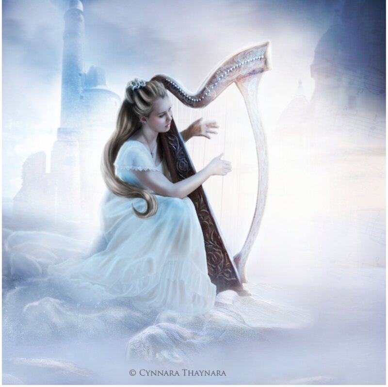 Woman Playing Harp — White, Serene, Digital Art