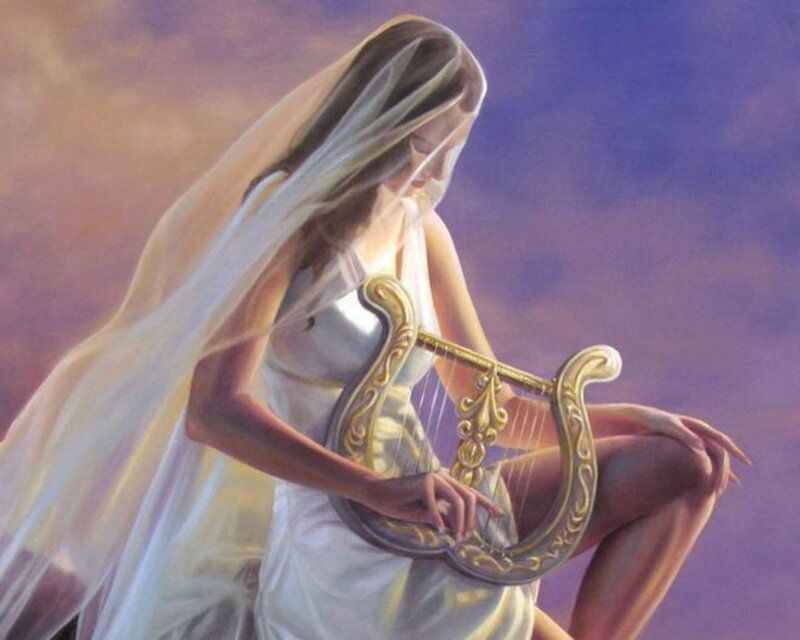 Woman Playing Harp — White, Serene, Sunset