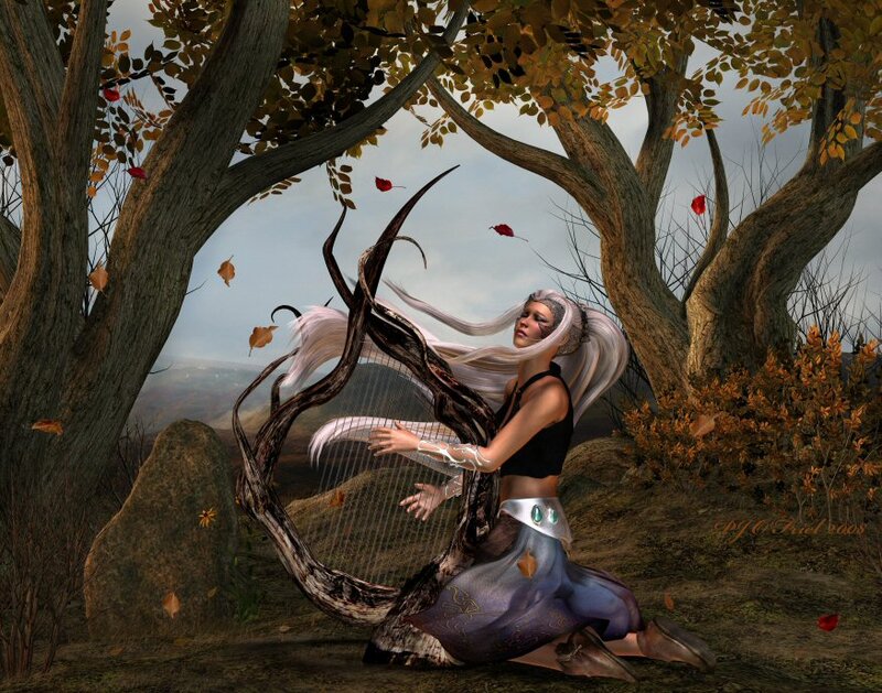 Woman Playing Harp — White, Serene
