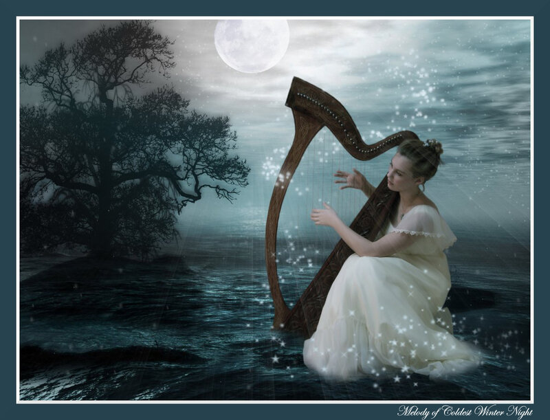 Woman Playing Harp — White