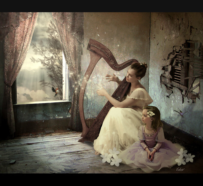 woman playing harp with child