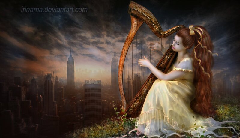 Woman Playing Harp — Yellow, Dramatic, Sunset