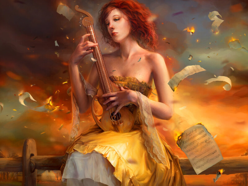 Woman playing lute in fiery scene