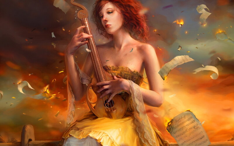 woman playing lute in fire