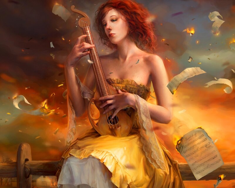 Woman playing lute in fire