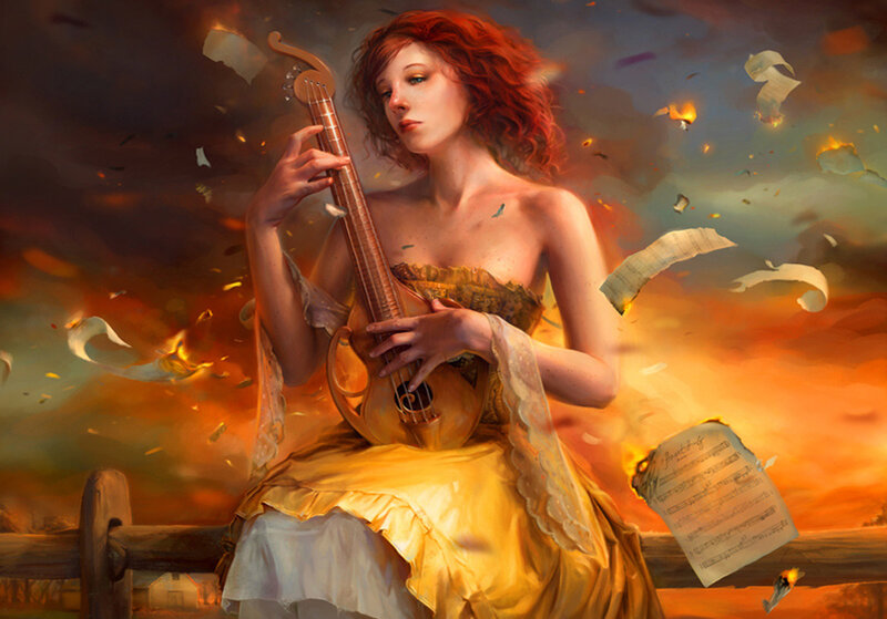 Woman playing lute in storm