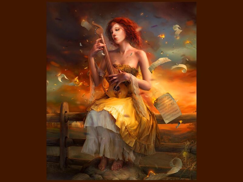 Woman playing lute in storm
