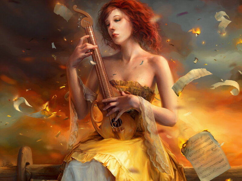 Woman Playing Lute — Orange, Dramatic, Digital Art