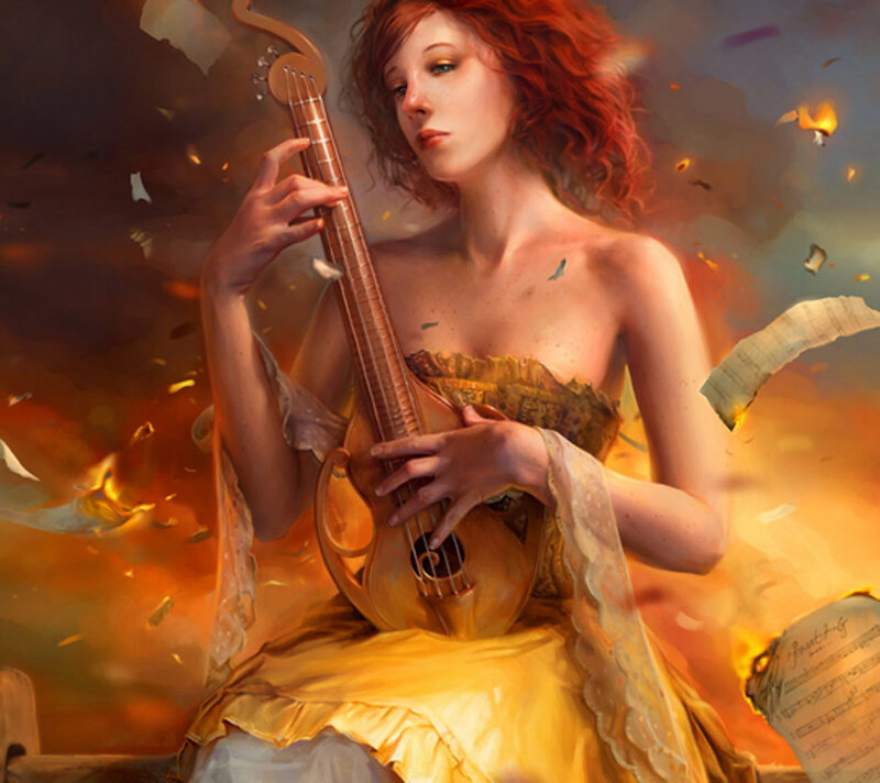 Woman Playing Lute — Orange, Dramatic