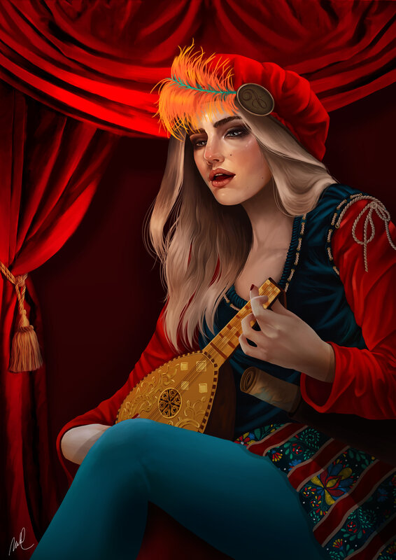 Woman Playing Lute — Red, Dramatic