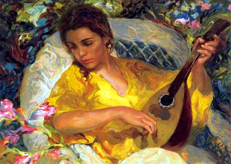 Woman Playing Lute — Yellow