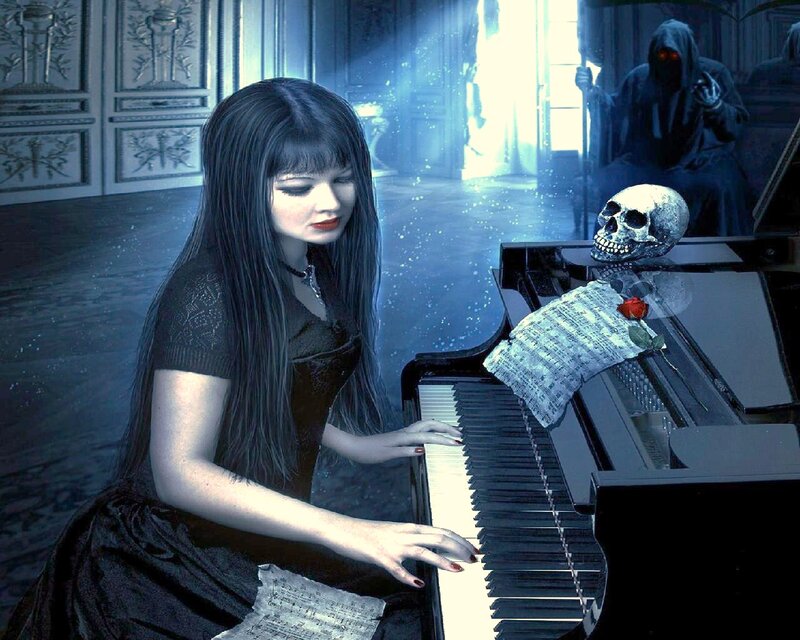 Woman Playing Piano — Black, Dramatic, Night, Digital Art
