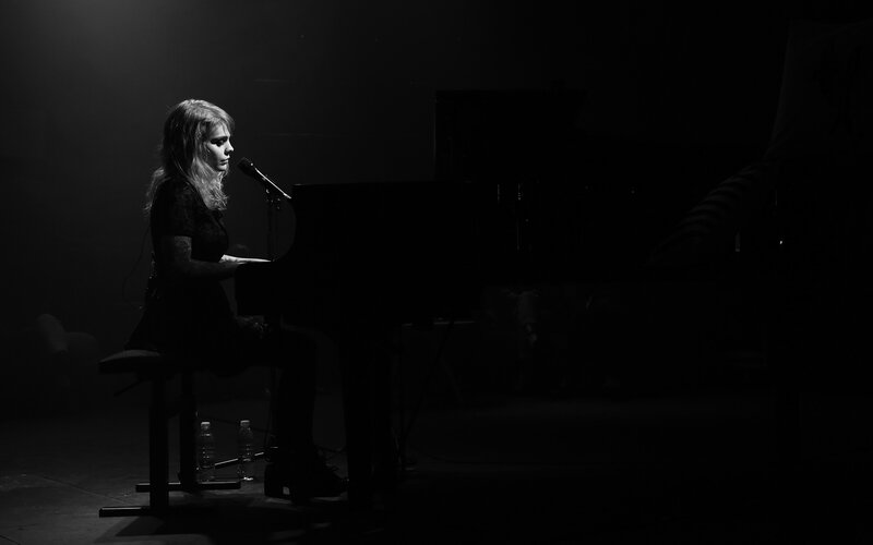 Woman Playing Piano — Black, Dramatic, Night, Photograph