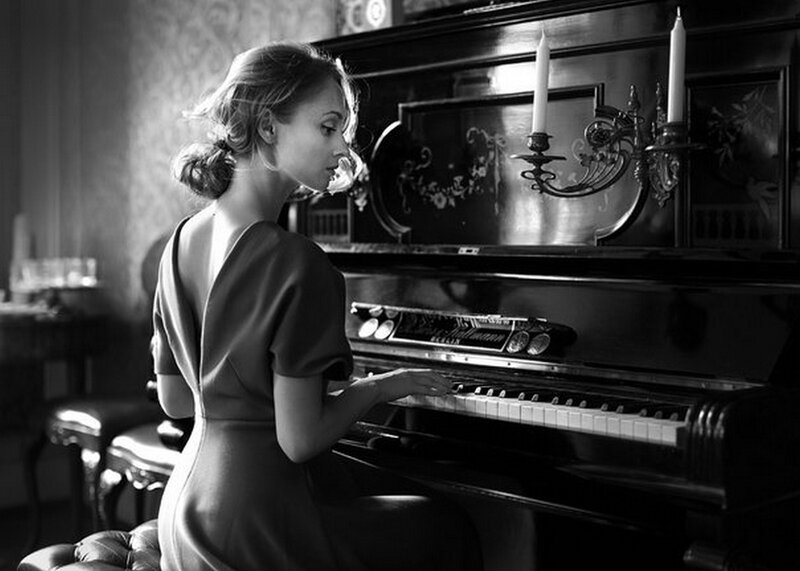 Woman Playing Piano — Black, Dramatic, Photograph, Candlestick