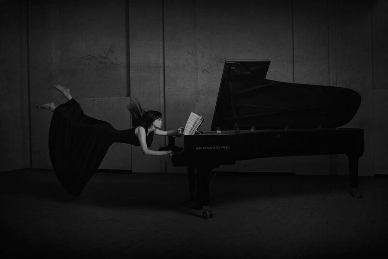 Woman Playing Piano — Black, Dramatic, Photograph