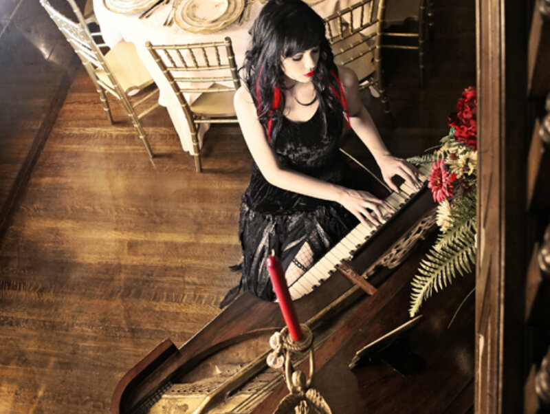 Woman Playing Piano — Black, Dramatic