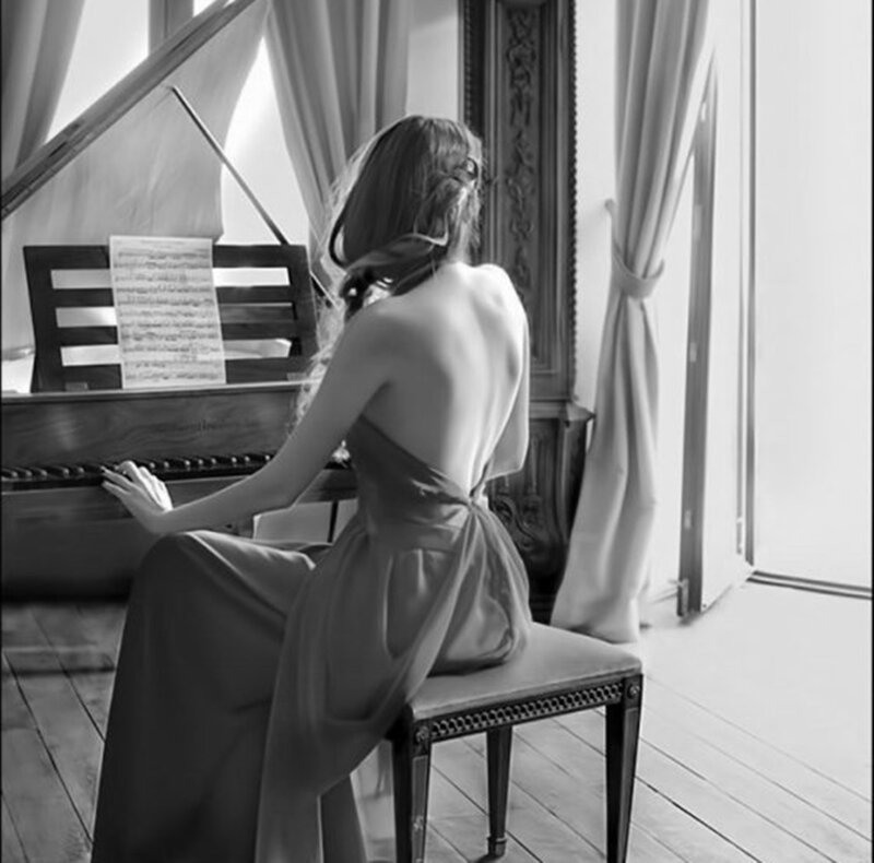 Woman Playing Piano — Black, Serene