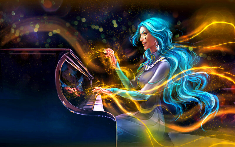 Woman Playing Piano — Blue, Dramatic, Night, Digital Art, Light Effects