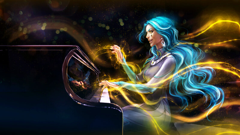 Woman Playing Piano — Blue, Dramatic, Night, Digital Art