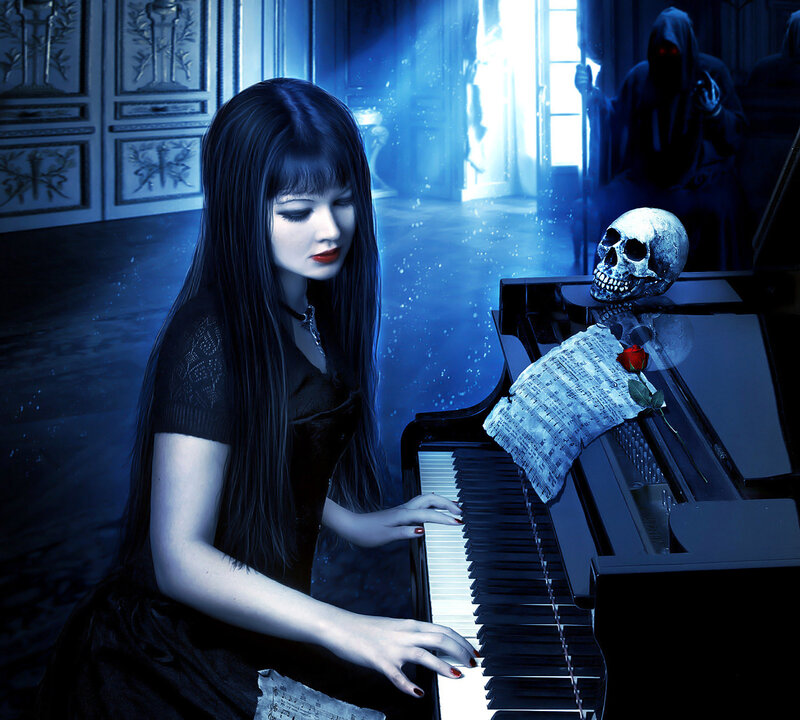 Woman Playing Piano — Blue, Dramatic, Night