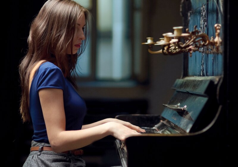 Woman Playing Piano — Blue, Dramatic