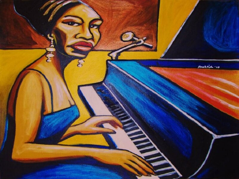 Woman Playing Piano — Blue, Focused