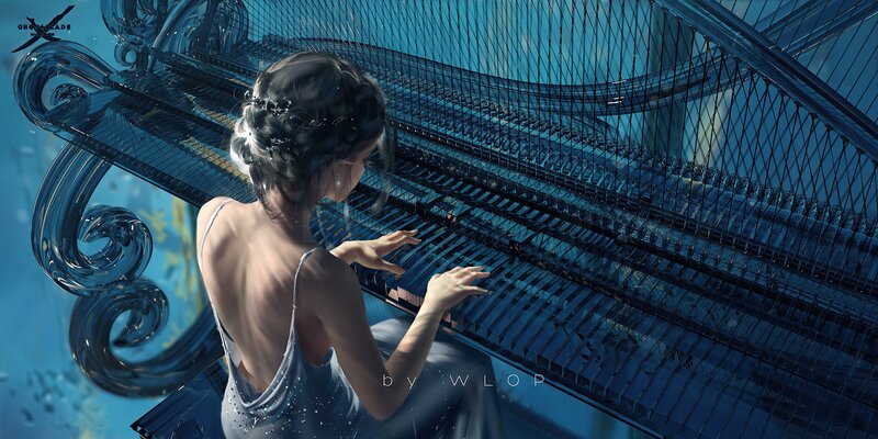 Woman Playing Piano — Blue, Serene, Digital Art, Dress