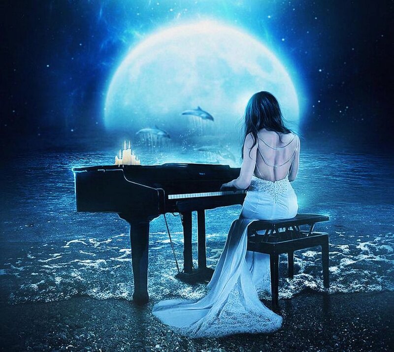 Woman Playing Piano — Blue, Serene, Night