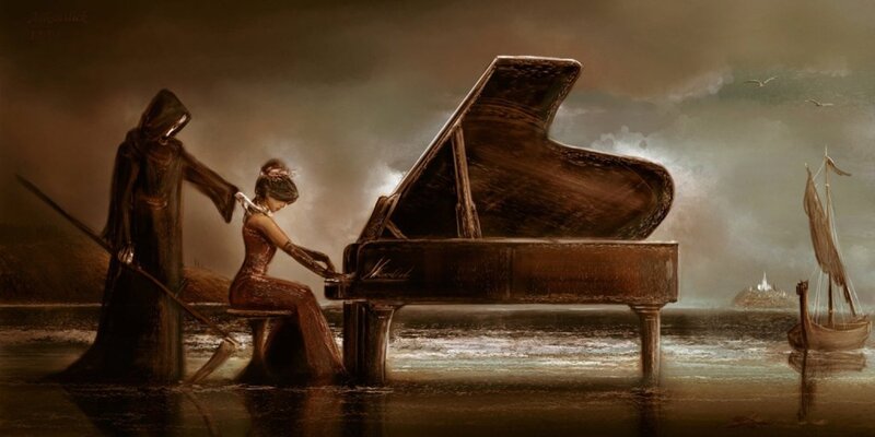 Woman Playing Piano — Brown, Dramatic