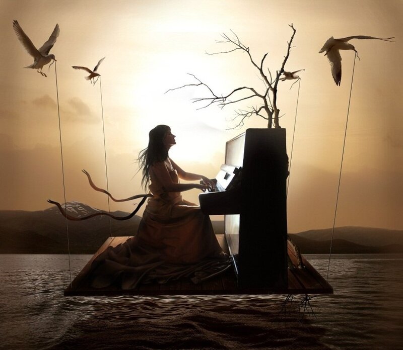 Woman Playing Piano — Brown, Serene, Sunset