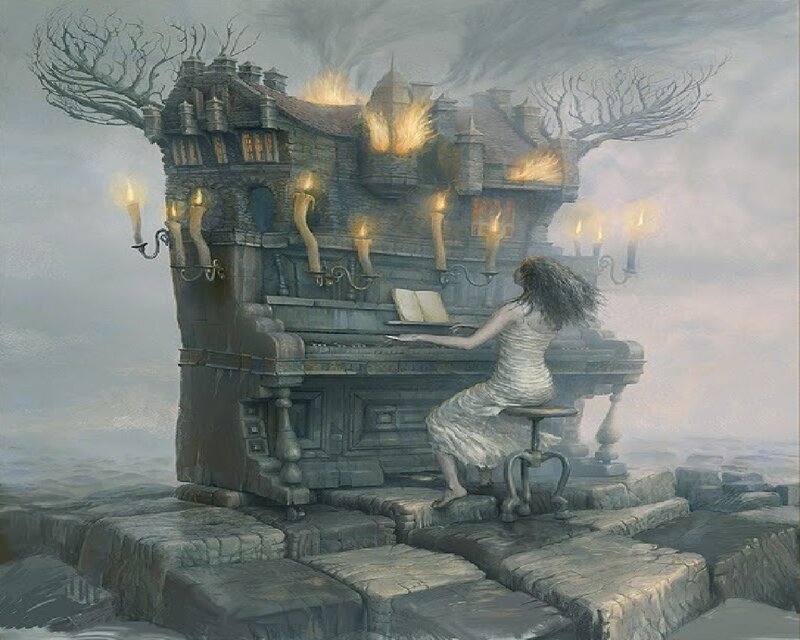 Woman Playing Piano — Gray, Dramatic