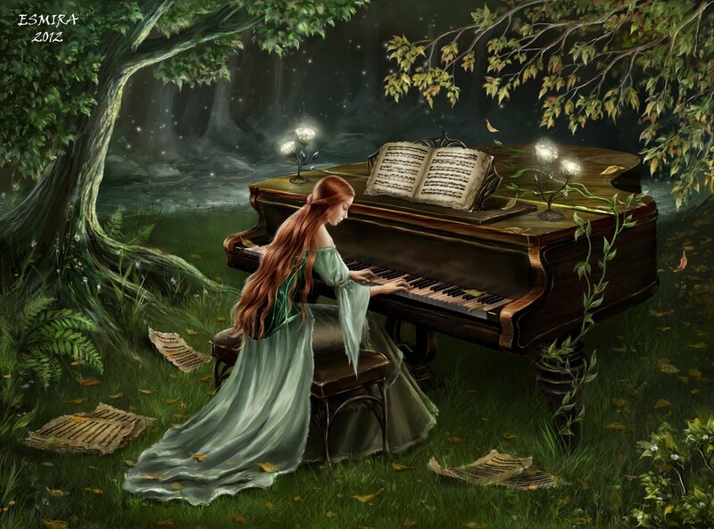 Woman Playing Piano — Green, Serene, Night, Digital Art