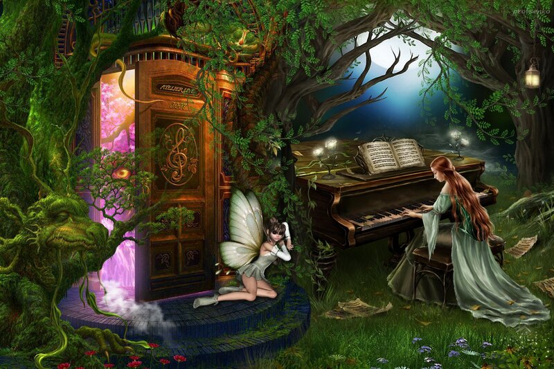 Woman Playing Piano in Forest — Green