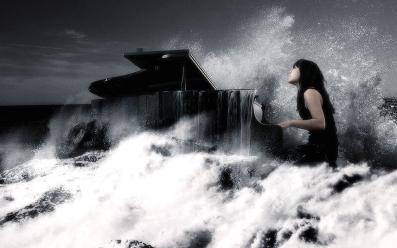 Woman Playing Piano in Storm — Black