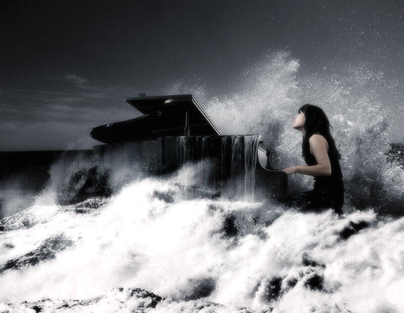 Woman playing piano in storm
