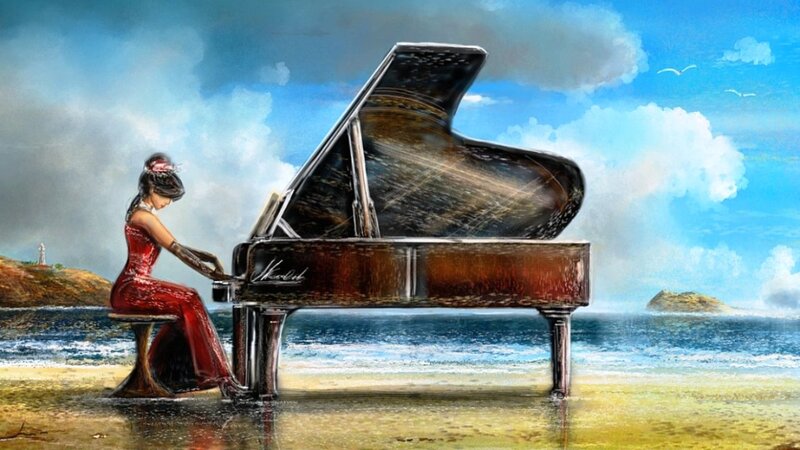 Woman Playing Piano on Beach — Blue