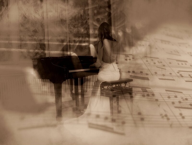 Woman Playing Piano — Sepia