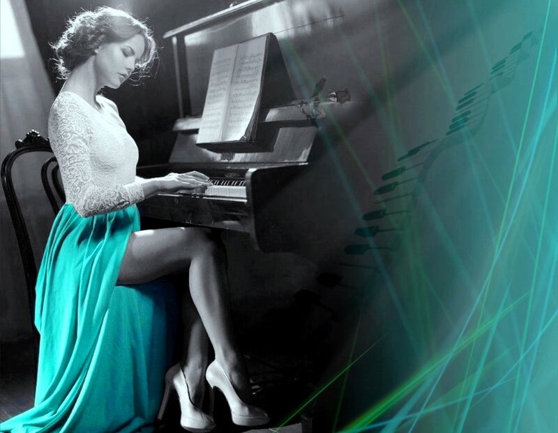 Woman Playing Piano — Teal